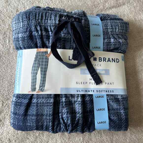 New Lucky Brand Sleep Fleece Pants Cloud Soft Blue Plaid Lounge Sleep Men's L - Picture 1 of 2